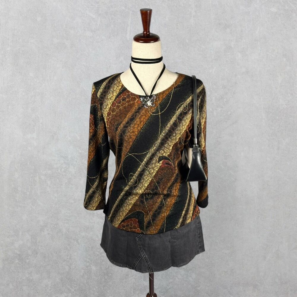 Vintage 90s Brown Gold Striped 3/4 Sleeve Mesh Top
